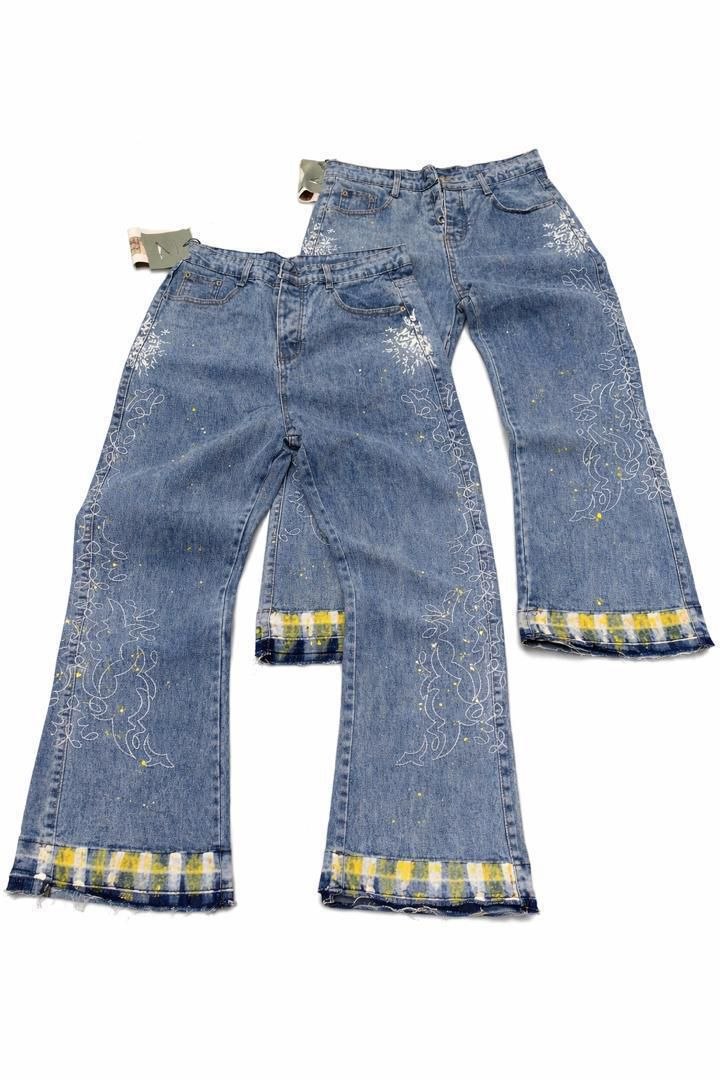 Y2K Floral Embroidered Wide-Leg Plaid-Hem Jeans