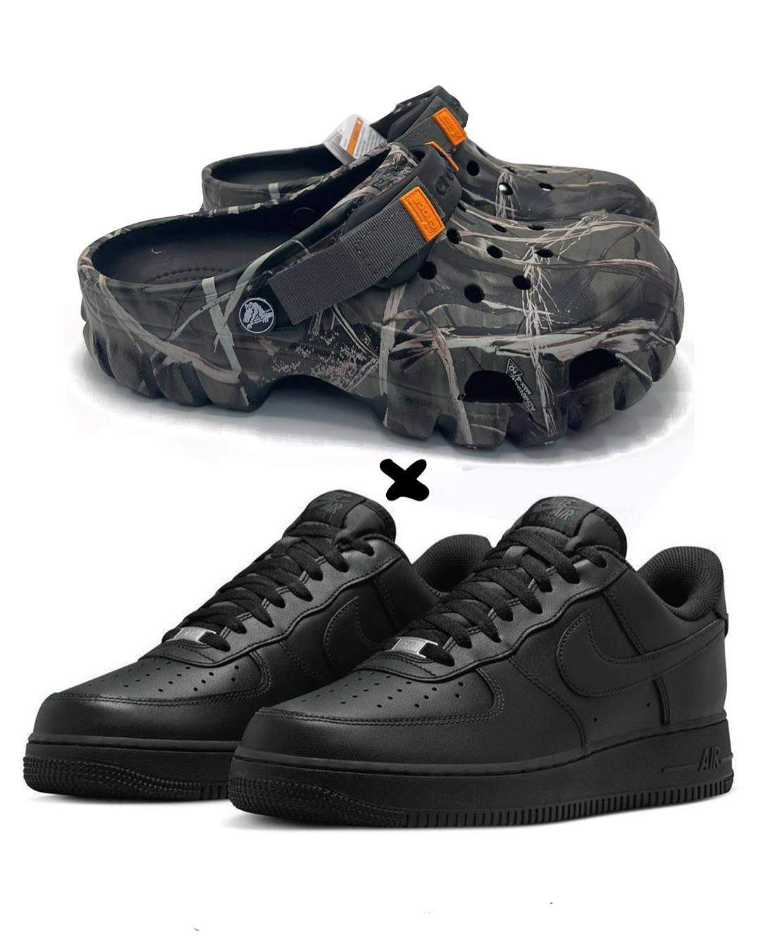 Crocs Echo Clogs featuring a marbled black and white X. Nike Air Force 1 '07 Triple Black