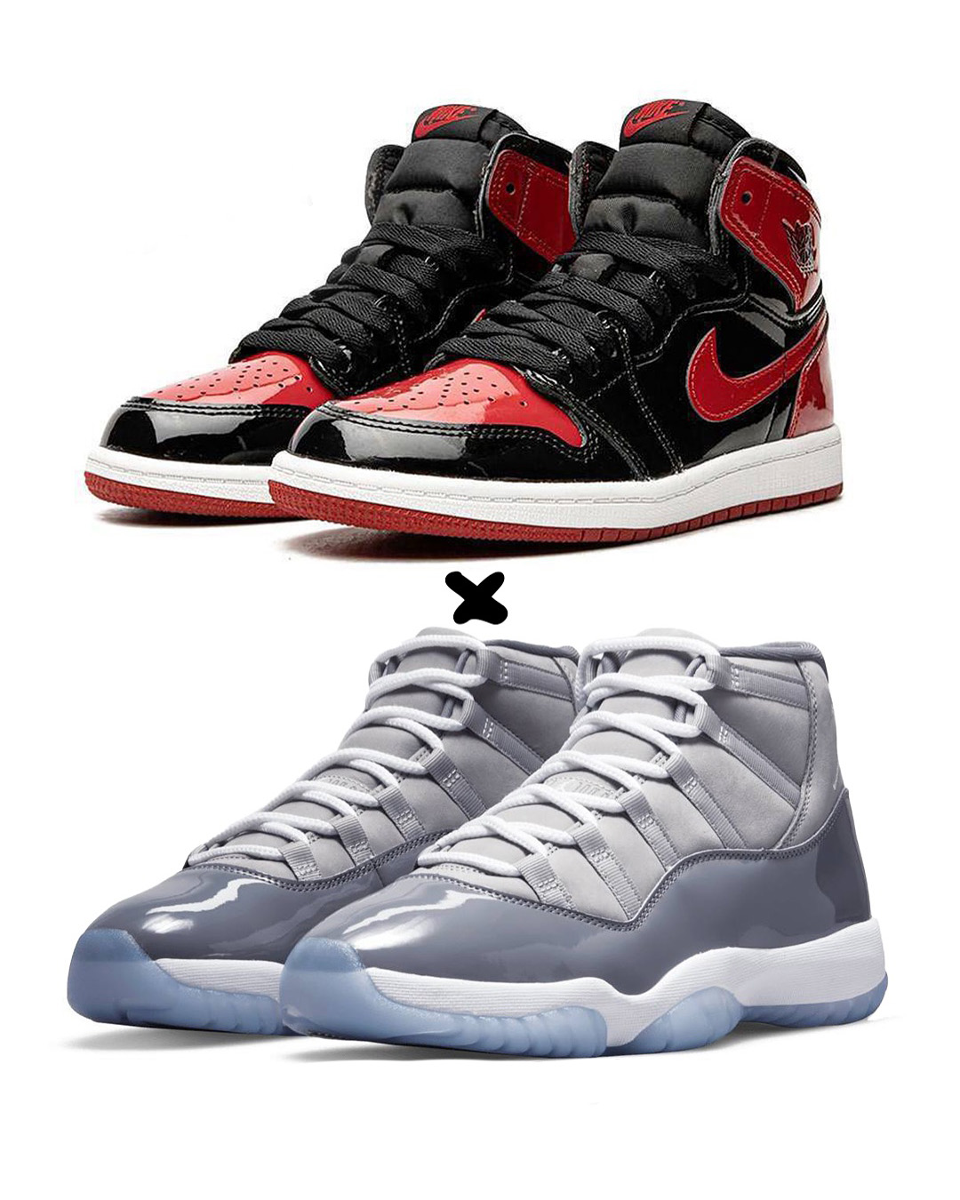 Nike Air Jordan 1 Retro High OG "Patent Bred" X. Nike Air Jordan 11 Retro "Cool Grey"