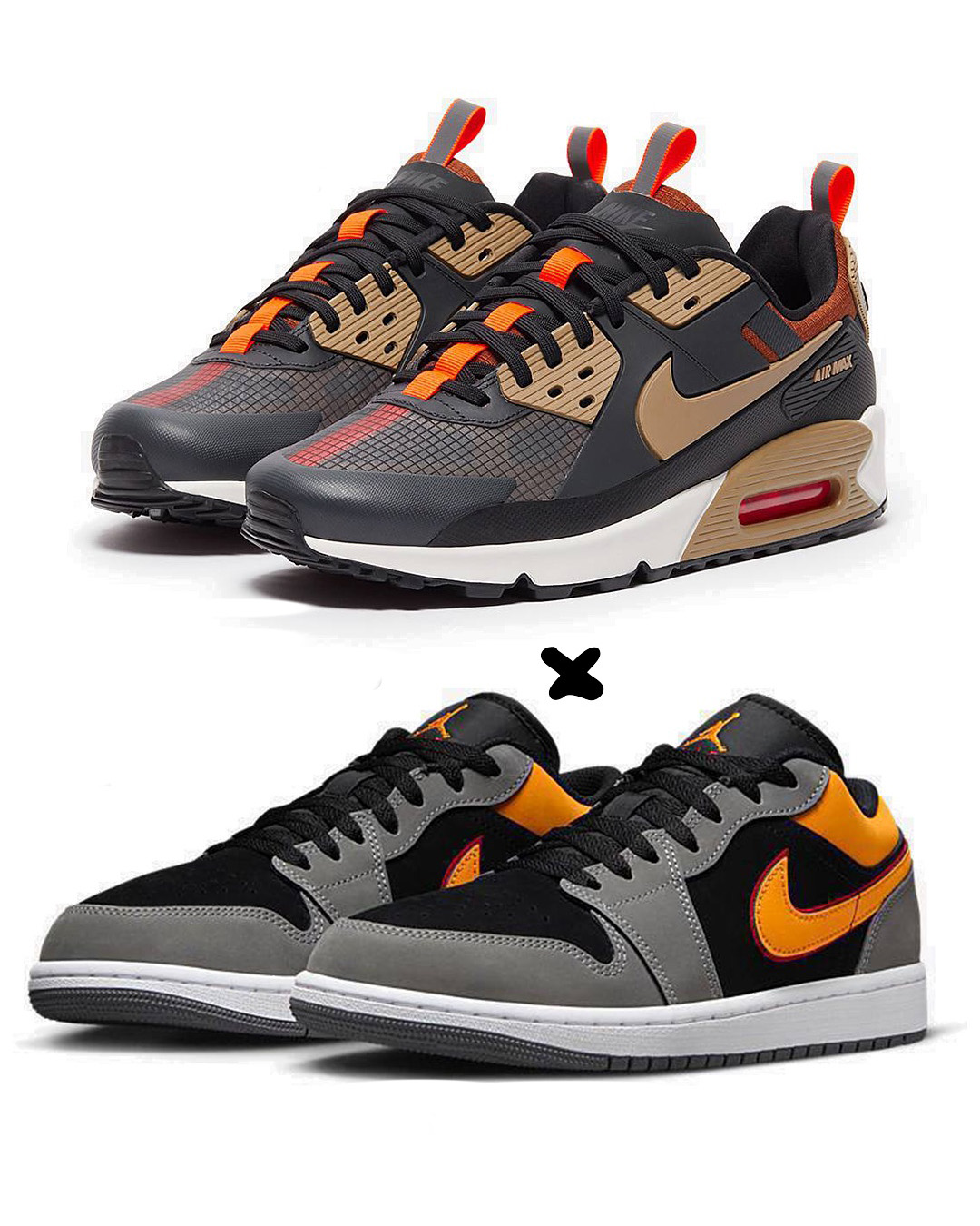 Nike Air Max 90 Drift 'Dark Smoke Grey Khaki' X. Nike Air Jordan 1 Low SE "Vivid Orange"