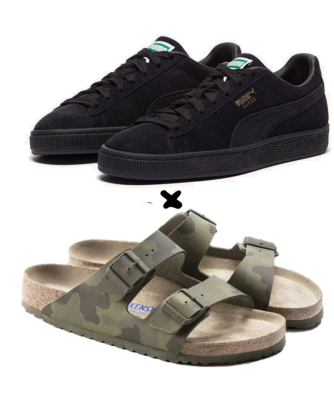 Puma Suede Classic in "Triple Black" X. Birkenstock Arizona sandals “Desert Soil Camo Green”