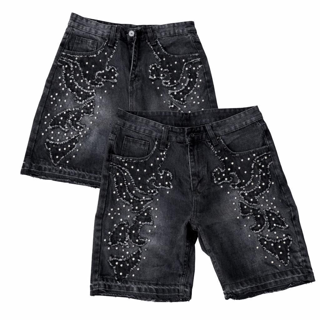 Y2K Distressed Rhinestone Denim Shorts