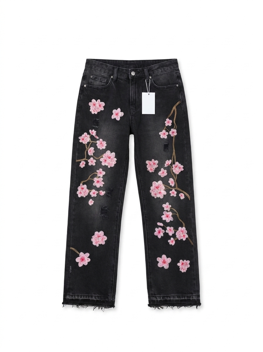 STEELVANCE Casual Distressed Cherry Blossom Embroidered Jeans