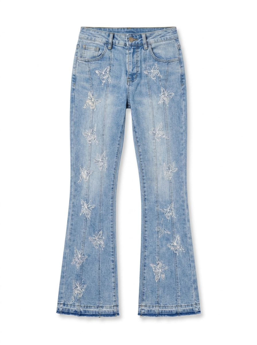 light-wash butterfly embroidered flare jeans