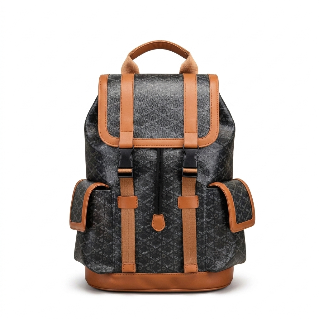 Goyard-inspired multi-pocket luxury travel backpack